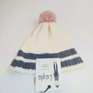 Layla Beanie White with Grey Stripes Hem Pink Pom Soft
